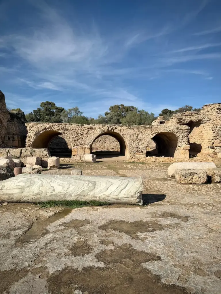Antoninian Baths, Carthage, Tunisia. The viaduct style archways at the site amongst other fallen stone Roman columns