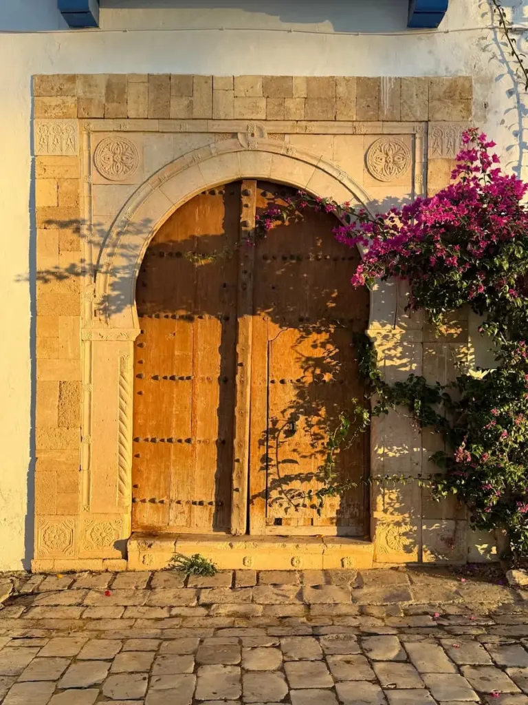 Golden studded doorway with a bougainvillaea plant to the right in Sidi Bou Said, Tunisia