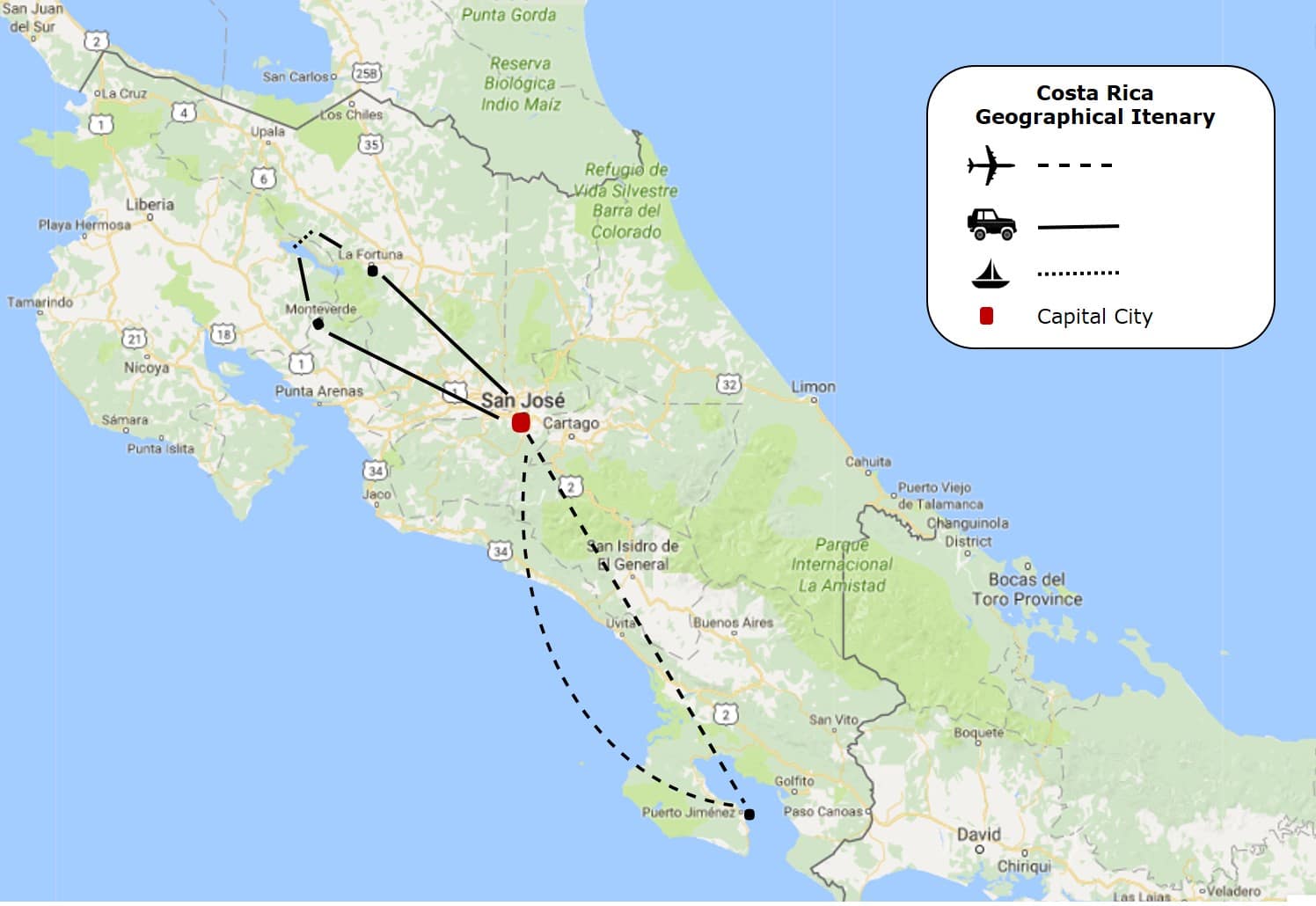 Costa Rica Geographical Itenary