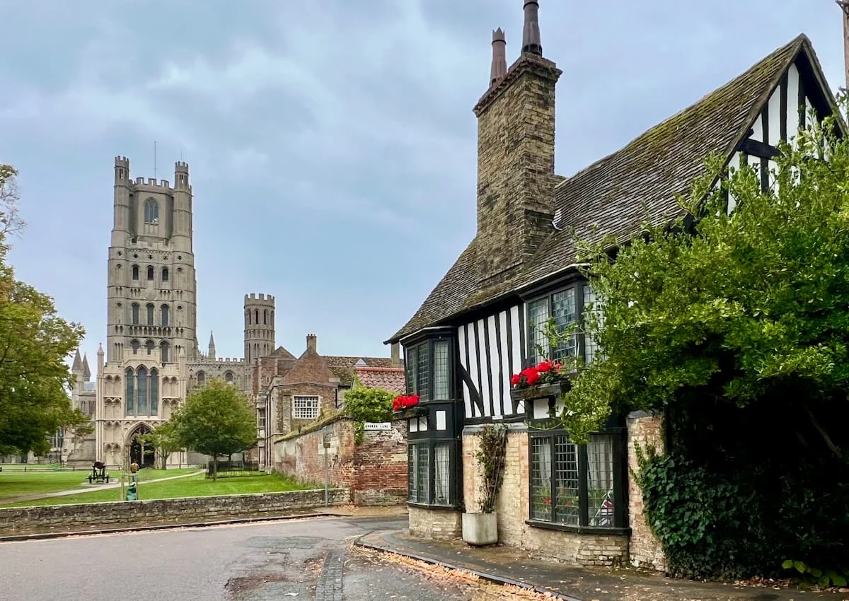 Front view of Ely Cathedral in the background with a Black and white timbered cottage to the right with trees and pretty pink flowers. One of the things to do in Ely.