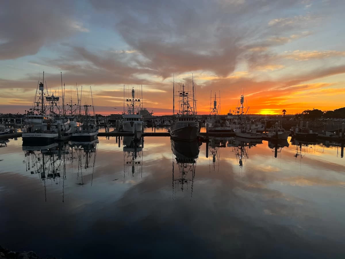 San Diego Sunset over the bay waterfront in Downtown with yachts in the distance