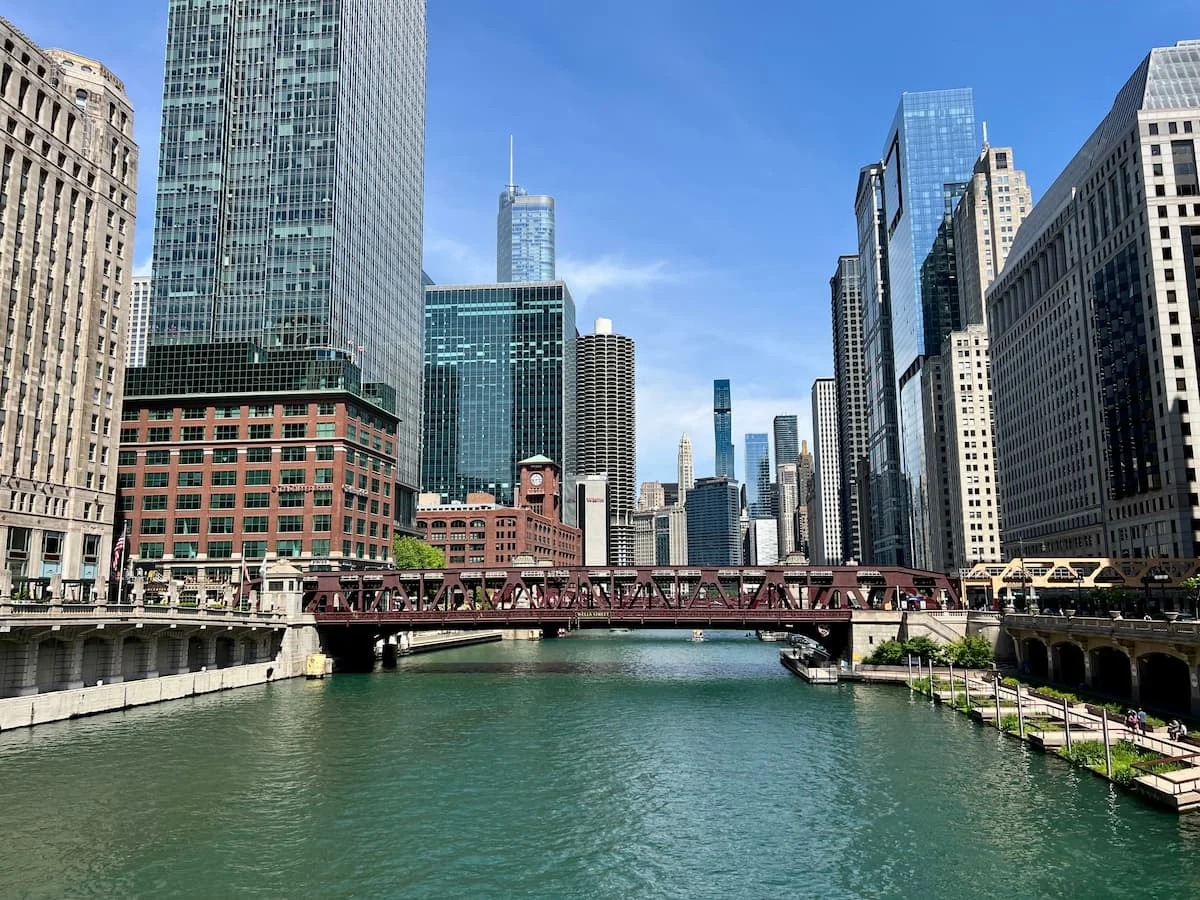 Chicago Skyline on Riverwalk with Wells Street Bridge
