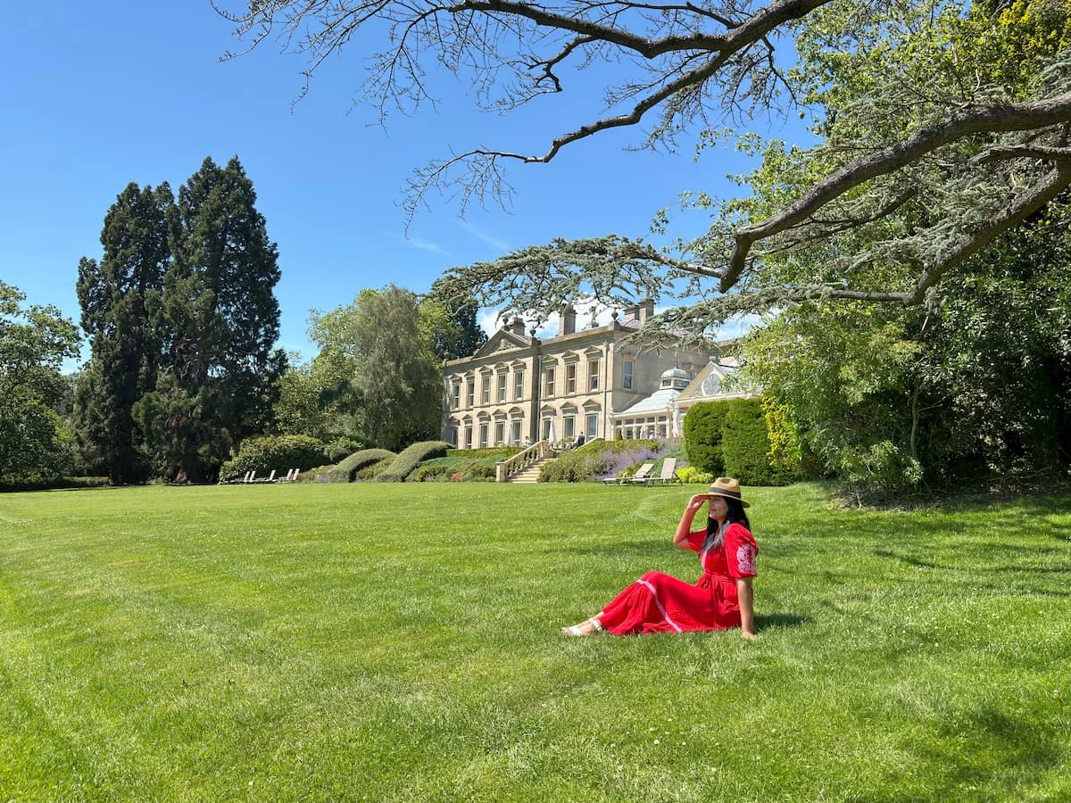 Bejal-sitting-on-lawn-outside-Kilworth-House-Hotel-Theatre-Leicestershire